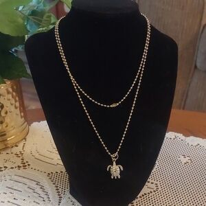 Silver Toned Turtle Pendant On Long Ball Chain